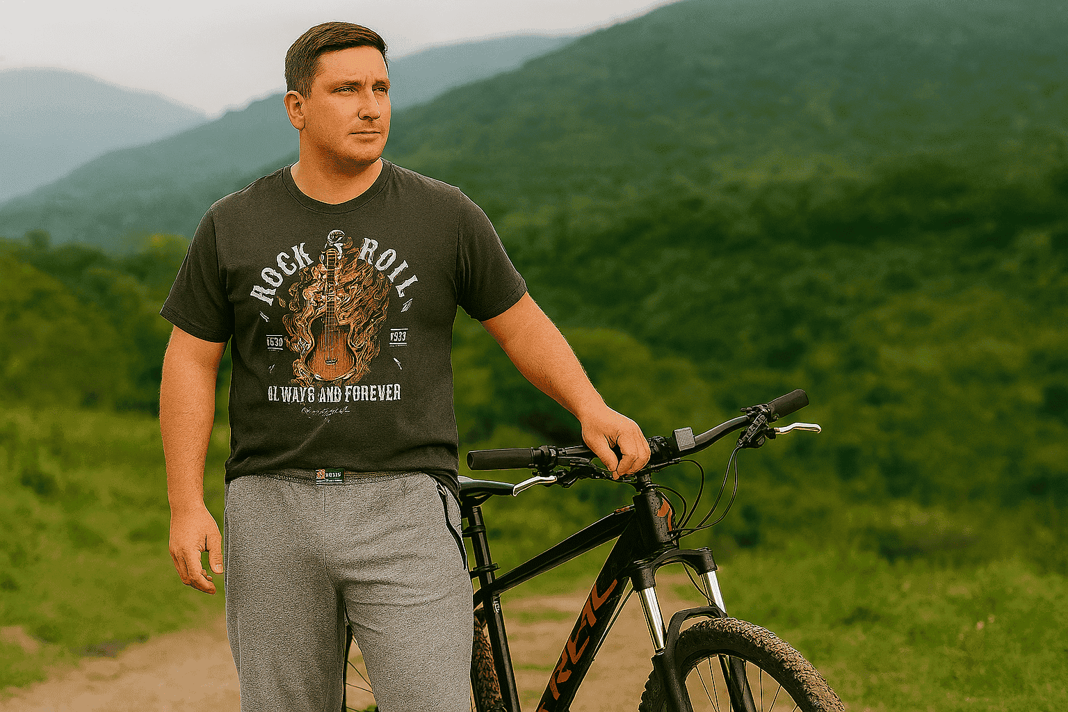 Bisicleta, remera y pantalon de jogging